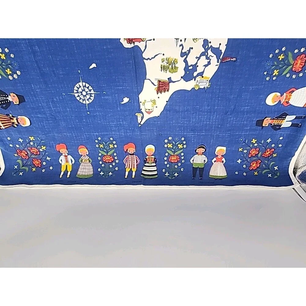 Vtg Tablecloth Fabric Ingrid Pedersen Denmark Souvenir 36” By 36” Blue